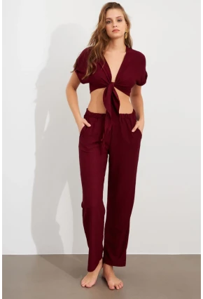 Kadın Bordo Bağlamalı Bürümcük Takım Q1012