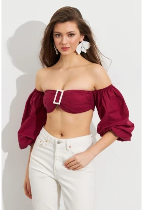Kadın Bordo Balon Kol Crop Bluz ROP111