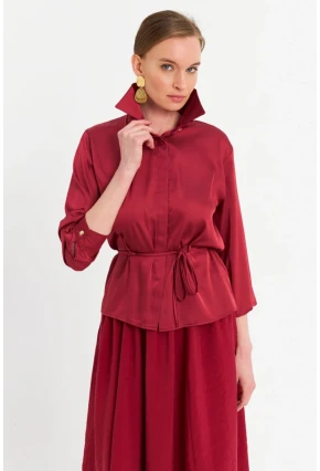 Kadın Bordo Beli Bağlamalı Saten Gömlek MMRS4212
