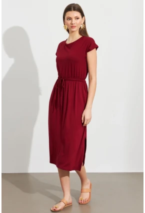 Kadın Bordo Beli Büzülebilir Midi Elbise MURO1193