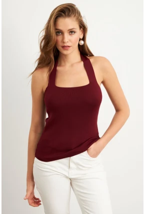 Kadın Bordo Boyundan Bağlamalı Triko Bluz YV356