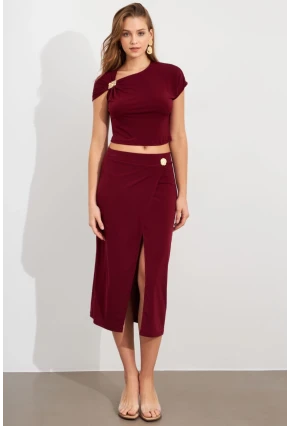 Kadın Bordo Dore Aksesuarlı İkili Takım UG7112