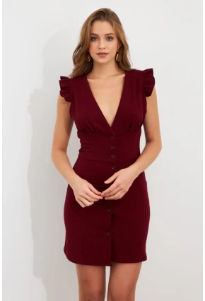 Kadın Bordo Düğme Detaylı Mini Elbise DAF5033