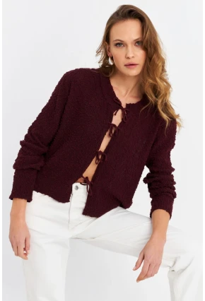 Kadın Bordo İpli Triko Hırka YV323
