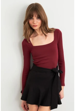 Kadın Bordo Kare Yaka Kaşkorse Bluz GA101