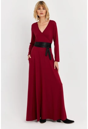 Kadın Bordo Kruvaze Maxi Elbise VTN3