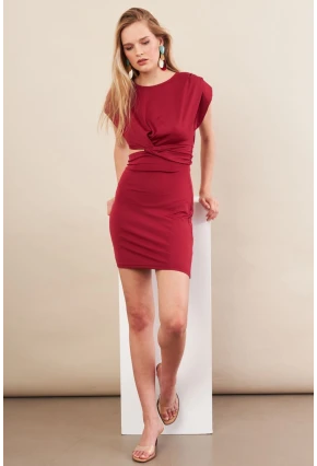 Kadın Bordo Omuzları Vatkalı Pencereli Mini Elbise İRE103