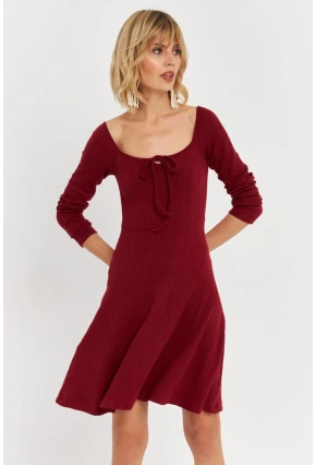 Kadın Bordo Önü Bağlamalı Mini Elbise TF59