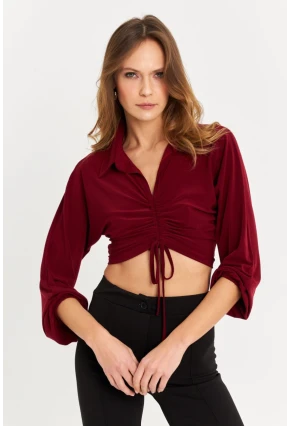 Kadın Bordo Önü Büzgülü Crop Bluz MRS103