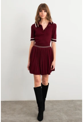 Kadın Bordo Polo Yaka Etekli Takım SF2558