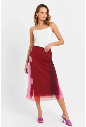 Kadın Bordo-Pudra Kontrast Renkli Tül Etek ZH11