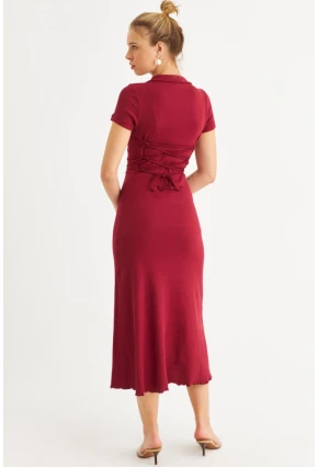 Kadın Bordo Sırt Bağlamalı Kaşkorse Midi Elbise MFRY0001