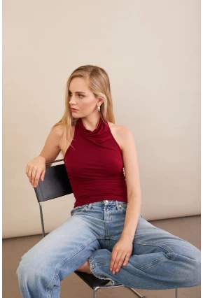 Kadın Bordo Sırtı Açık Drapeli Bluz FRY2314