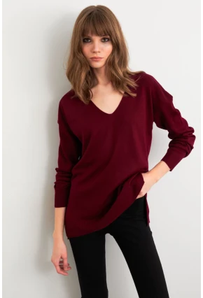 Kadın Bordo V Yaka Triko Kazak YİL549