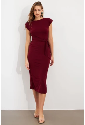 Kadın Bordo Vatkalı Kuşaklı Midi Elbise UG713