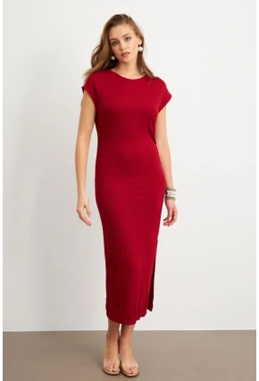 Kadın Bordo Yanları Büzgülü Midi Elbise MK35