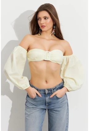 Kadın Butter Yellow Balon Kol Crop Bluz Rop111