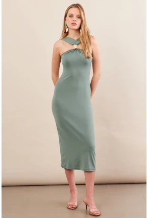 Kadın Çağla Yeşili Aksesuarlı Midi Elbise İRE101