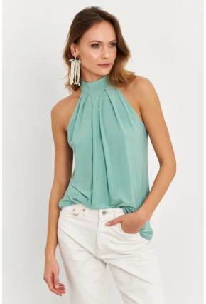 Kadın Çağla Yeşili Halter Yaka Desenli Bluz LPP1273