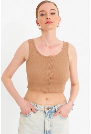 Kadın Camel Çıtçıtlı Crop Bluz YDF103