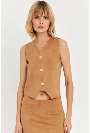Kadın Camel Düğme Detaylı Süet Bluz KED7113