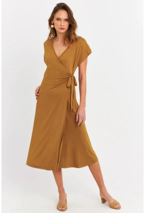 Kadın Camel Kruvaze Midi Elbise EY3044