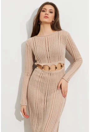 Kadın Camel Önü Pencereli Ajurlu Plaj Elbisesi KZ545