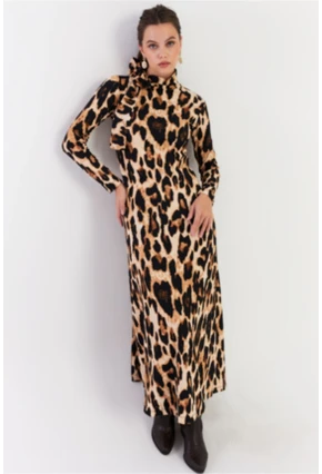 Kadın Camel-Siyah Boyun Bağlamalı Leopar Maxi Elbise EY2921