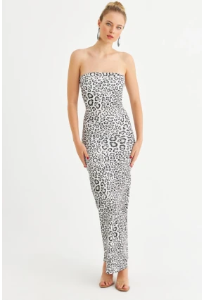 Kadın Camel-Siyah Leopar Desen Straplez Yırtmaçlı Midi Elbise XC005