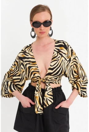Kadın Camel-Siyah Önü Bağlamalı Crop Bluz TPG03