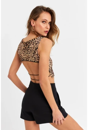 Kadın Camel-Siyah Sırtı Açık Leopar Crop Bluz ZH138