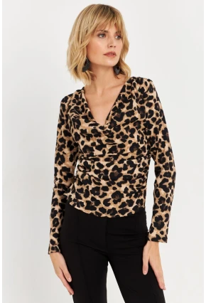 Kadın Camel-Siyah Yanları Büzgülü Degaje Leopar Bluz FRY2272