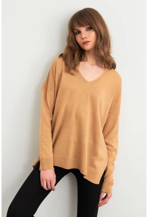 Kadın Camel V Yaka Triko Kazak YİL549