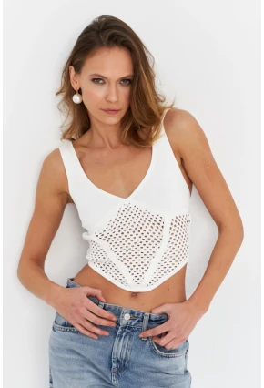 Kadın Ekru Ajurlu Crop Bluz SB030