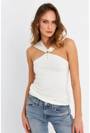 Kadın Ekru Aksesuarlı Çapraz Yaka Bluz EY3068
