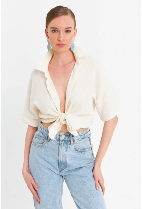 Kadın Ekru Bağlamalı Keten Bluz BTH16