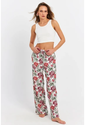 Kadın Ekru-Bordo Çiçek Desenli Pantolon FLS03