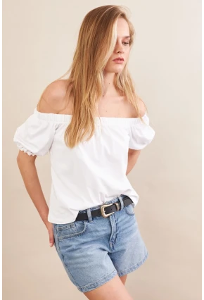 Kadın Ekru Carmen Yaka Balon Kol Bluz SAN106