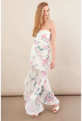 Kadın Ekru Drapeli Straplez Midi Tül Elbise ERL101