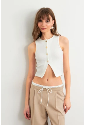 Kadın Ekru Düğme Detaylı Bluz CY354