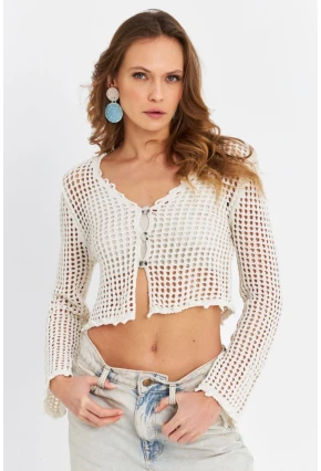 Kadın Ekru File Hırka DS201