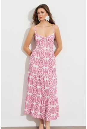 Kadın Ekru-Fuşya Sırt Dekolteli Desenli Maxi Elbise LİT110