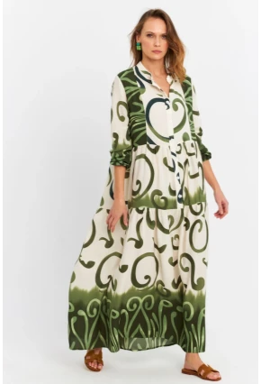 Kadın Ekru-Haki Desenli Salaş Maxi Elbise MASF0020