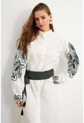 Kadın Ekru-Haki Nakış Detaylı Keten Gömlek Elbise MQS1839-90