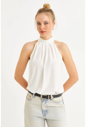 Kadın Ekru Halter Yaka Desenli Bluz LPP1273