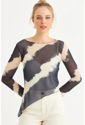 Kadın Ekru-İndigo Desenli Tül Bluz RSP1740