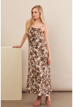 Kadın Ekru-Kahve Boyun Bağlamalı Midi Elbise AN6005