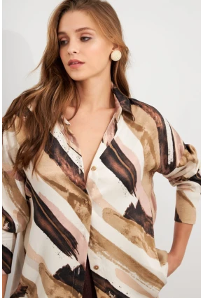 Kadın Ekru-Kahve Desenli Saten Gömlek MCAR1170