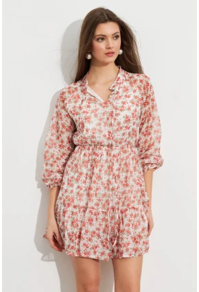 Kadın Ekru-Kırmızı Desenli Şifon Mini Elbise ROP107