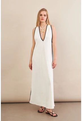 Kadın Ekru Kontrast Çizgili Maxi Keten Elbise MSİ101